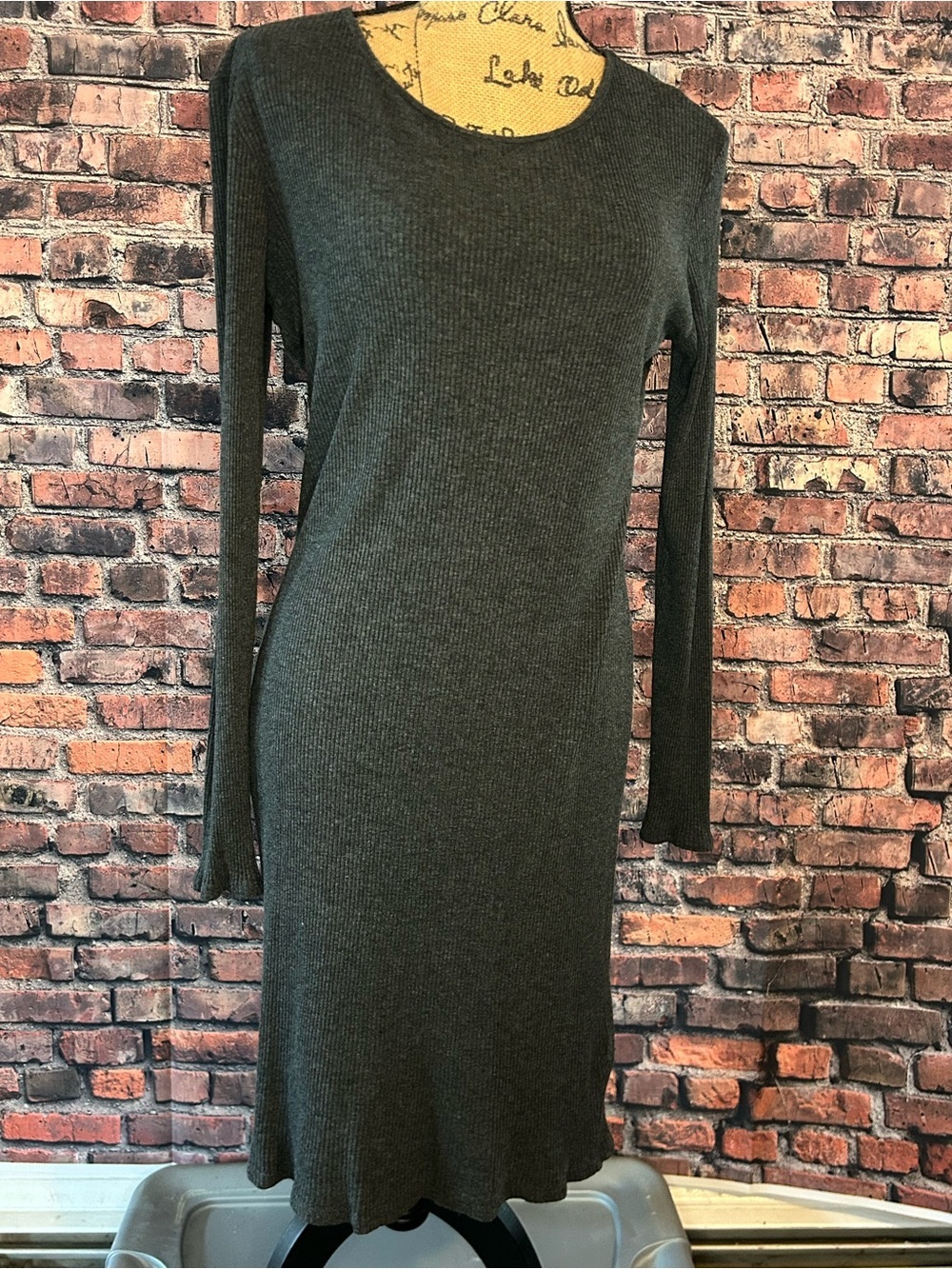 H&M Long Sleeve Ribbed Knit Dress in Charcoal Gray
